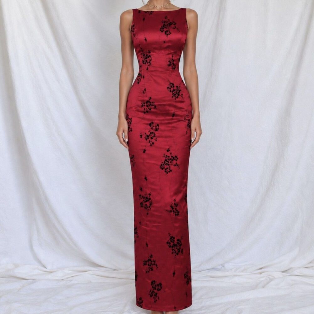 Vintage Y2K 90s Red Satin Maxi Floral Velvet Bodycon Formal Prom Dress Size M